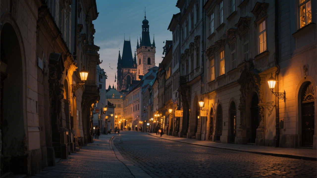 Evening view of Prague streets with warm lights, classic architecture, and a subtle noir atmosphere, representing local expertise and cultural context.