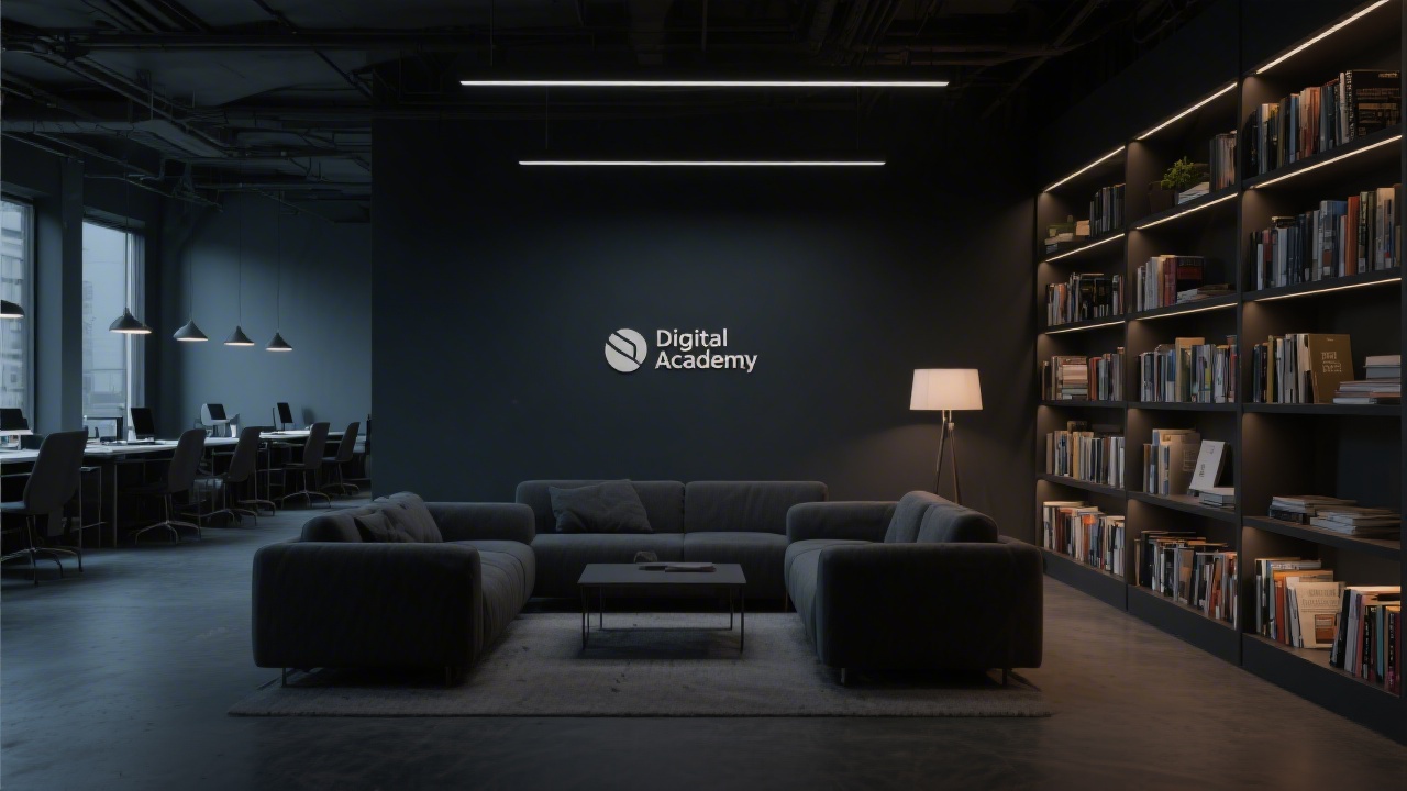 Modern dark lounge space with bookshelves, soft lighting, and a minimalist workspace, reflecting a calm and focused learning environment for a digital academy.