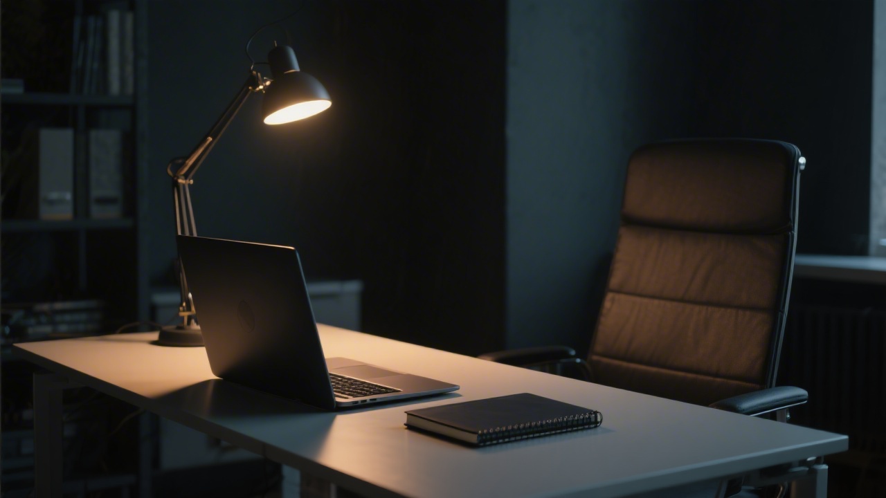 Modern office desk with a dark laptop, notebook, and warm desk lamp light, creating a calm and professional noir atmosphere for client communication.