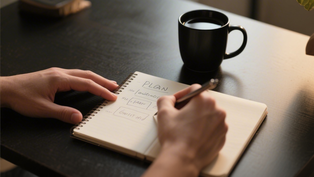 Close-up of hands writing a plan in a notebook beside a black coffee cup, soft warm light on a dark desk, evoking careful strategic planning.