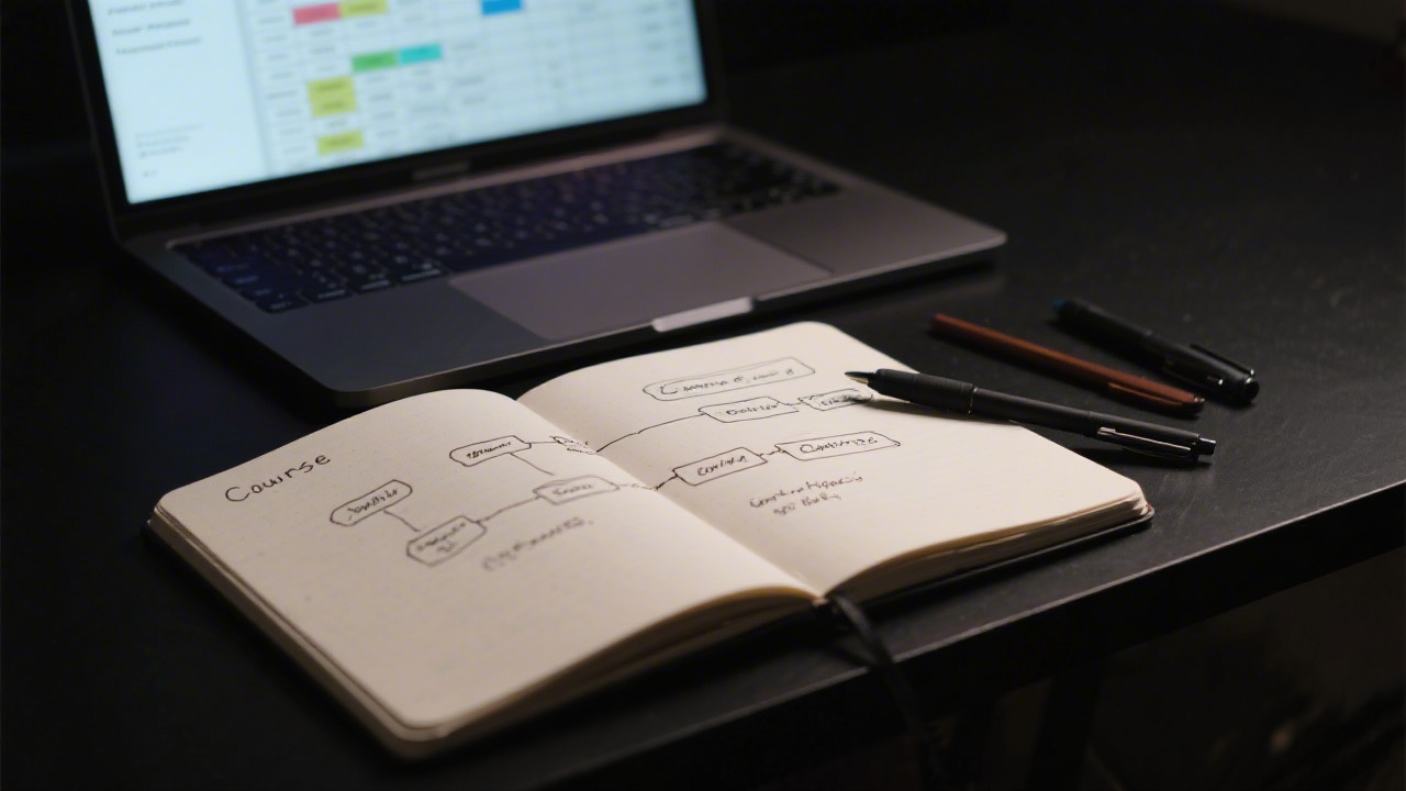 Open notebook with neatly sketched course outline, pens, and a laptop showing a content plan spreadsheet, styled with dark tones and cinematic lighting.