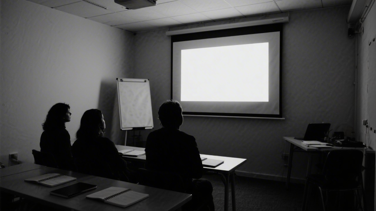 Small workshop room with a projection screen, notebooks, and attentive participants in silhouette, creating a cinematic noir atmosphere for focused learning.