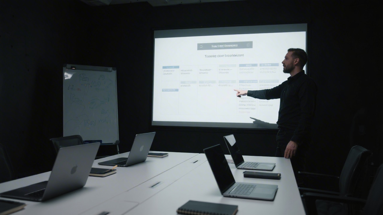 Workshop table with laptops, dark notebooks, and a facilitator pointing to a large screen, suggesting a structured training session in a modern noir setting.